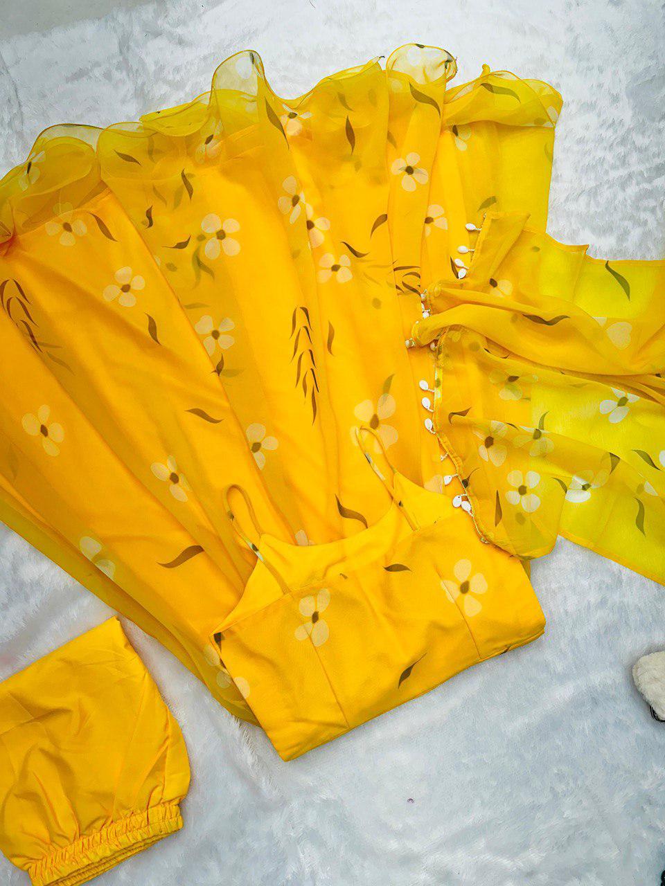 Yellow Digital Printed Georgette Silk Anarkali Suit Set with Butter Silk Pant & Kodi Lace Dupatta