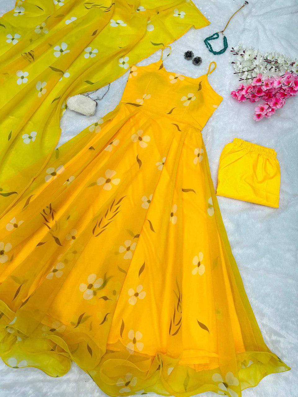 Yellow Digital Printed Georgette Silk Anarkali Suit Set with Butter Silk Pant & Kodi Lace Dupatta