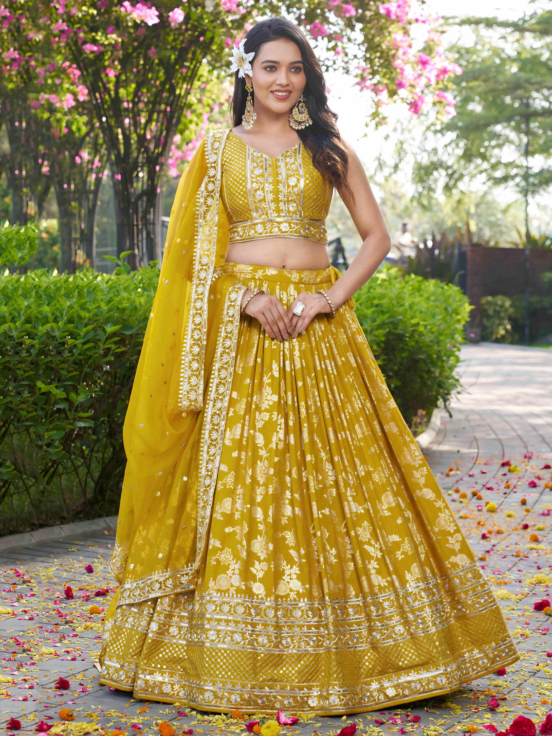 Yellow Dola Silk Jacquard Embroidered Lehenga Choli