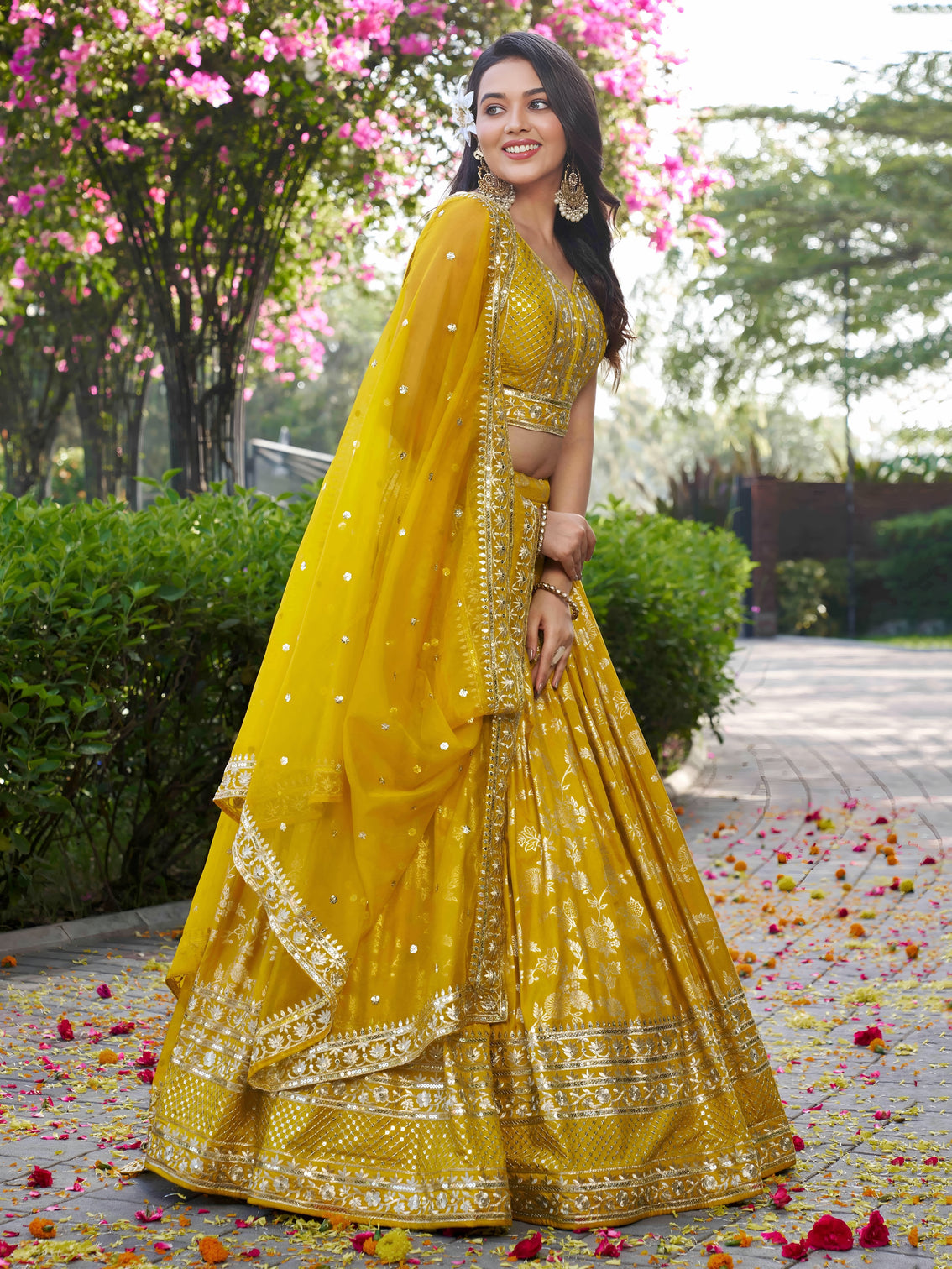Yellow Dola Silk Jacquard Embroidered Lehenga Choli