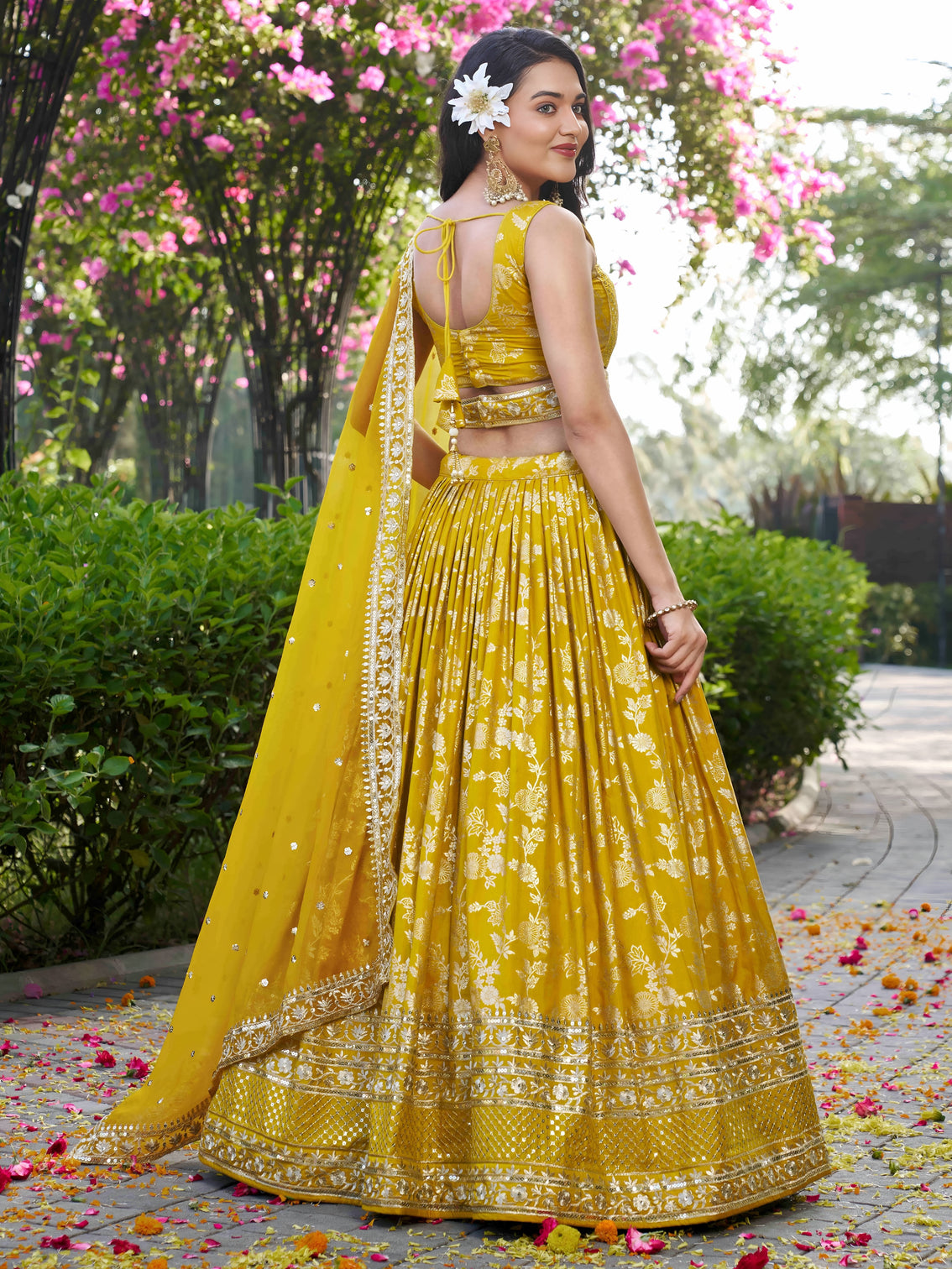 Yellow Dola Silk Jacquard Embroidered Lehenga Choli