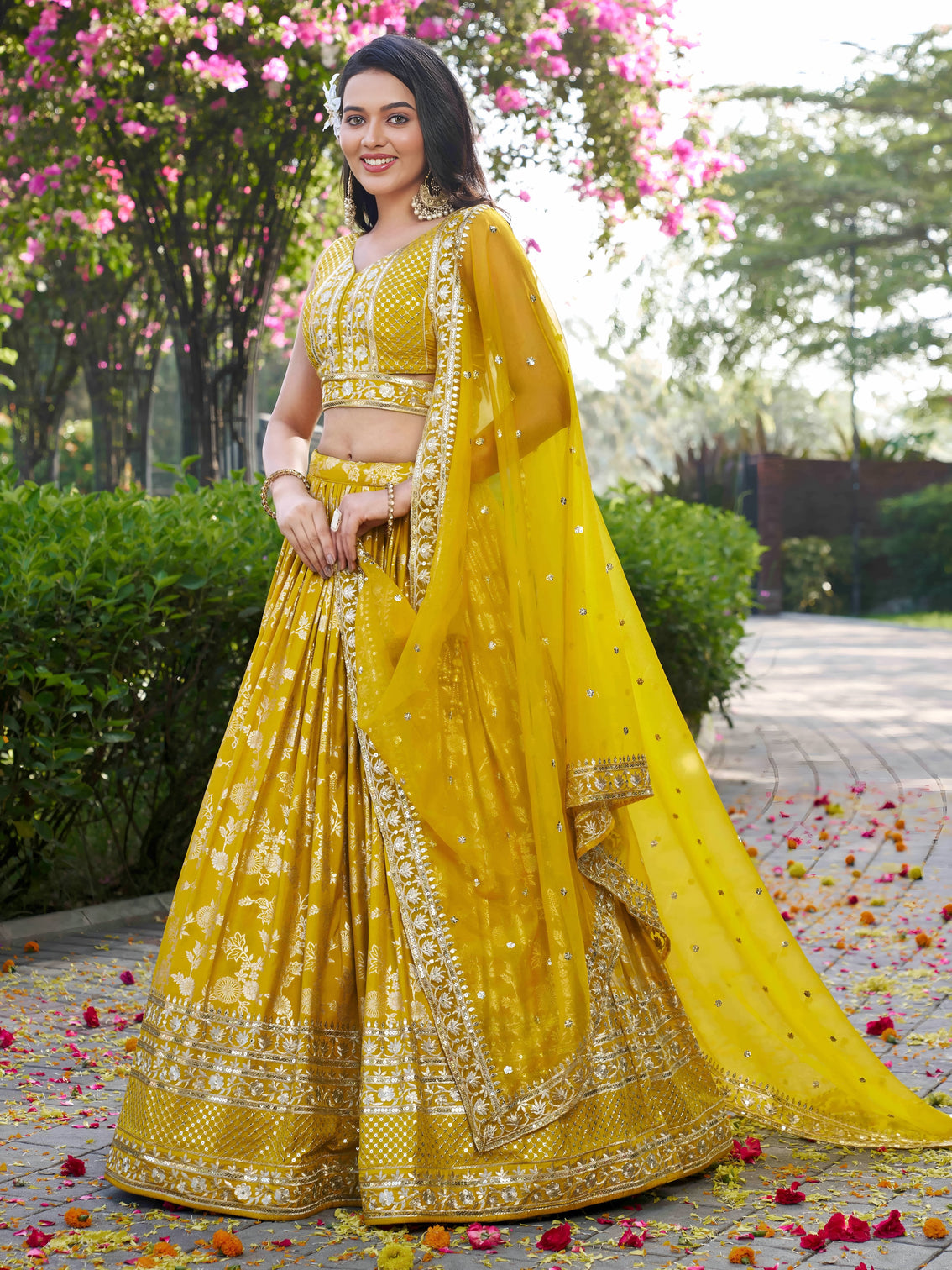 Yellow Dola Silk Jacquard Embroidered Lehenga Choli
