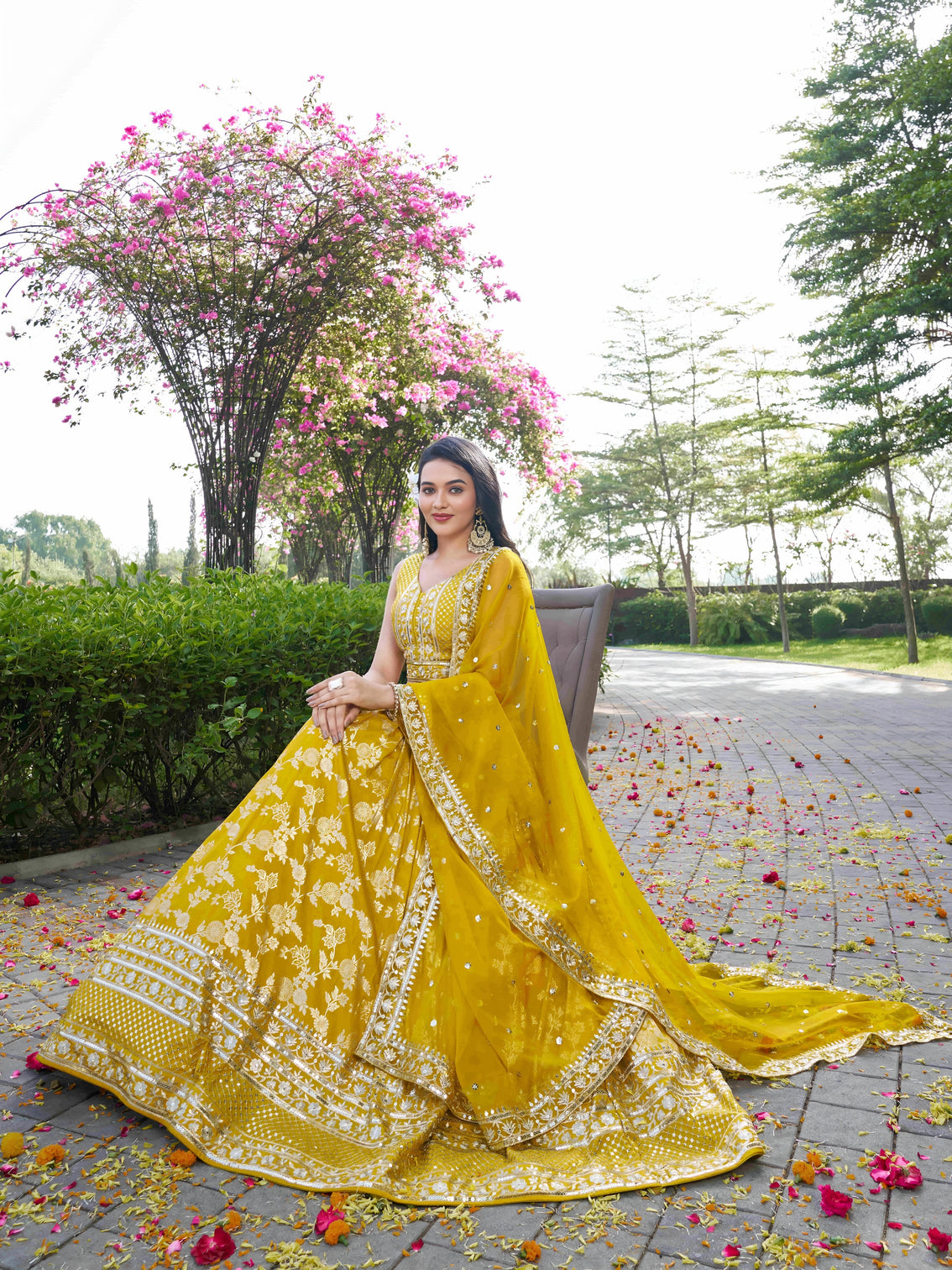 Yellow Dola Silk Jacquard Embroidered Lehenga Choli