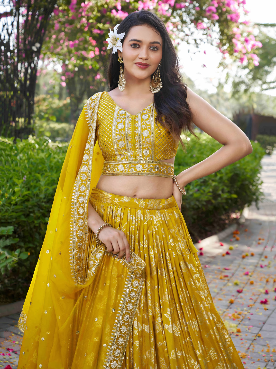 Yellow Dola Silk Jacquard Embroidered Lehenga Choli