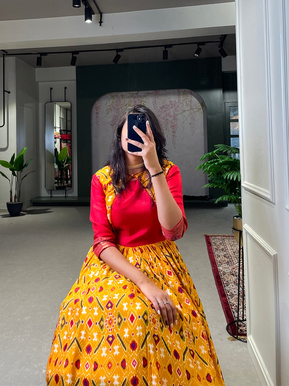 Yellow Color Patola Printed And Foil Printed Dola Silk Gown
