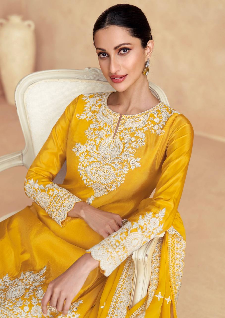 Yellow Elegant Chinon Embroidered Suit Set with Dupatta