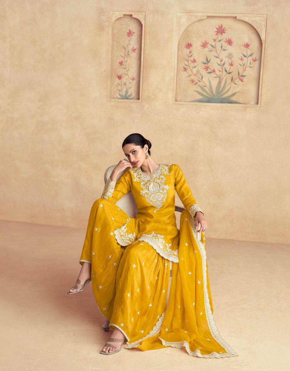 Yellow Elegant Chinon Embroidered Suit Set with Dupatta