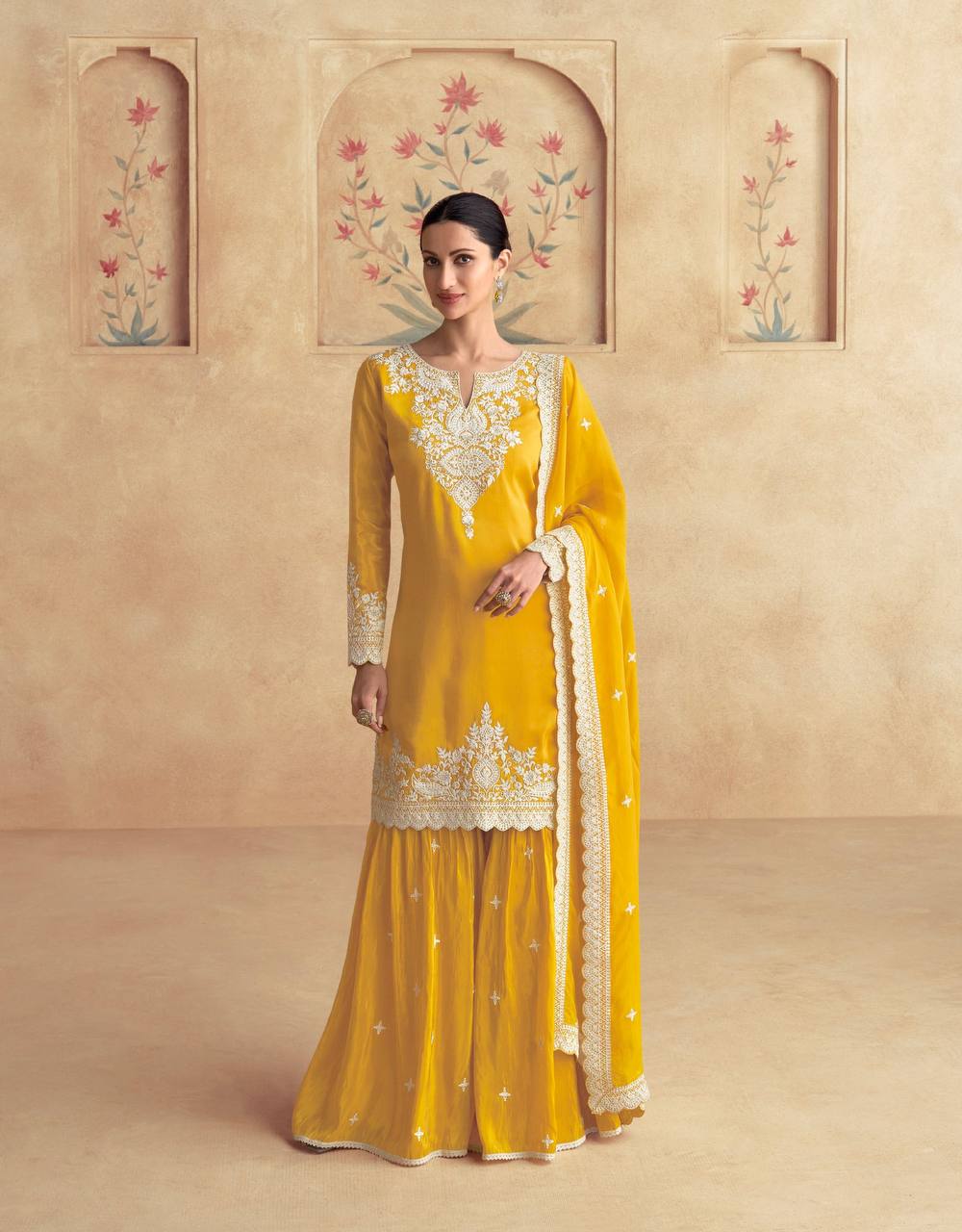 Yellow Elegant Chinon Embroidered Suit Set with Dupatta