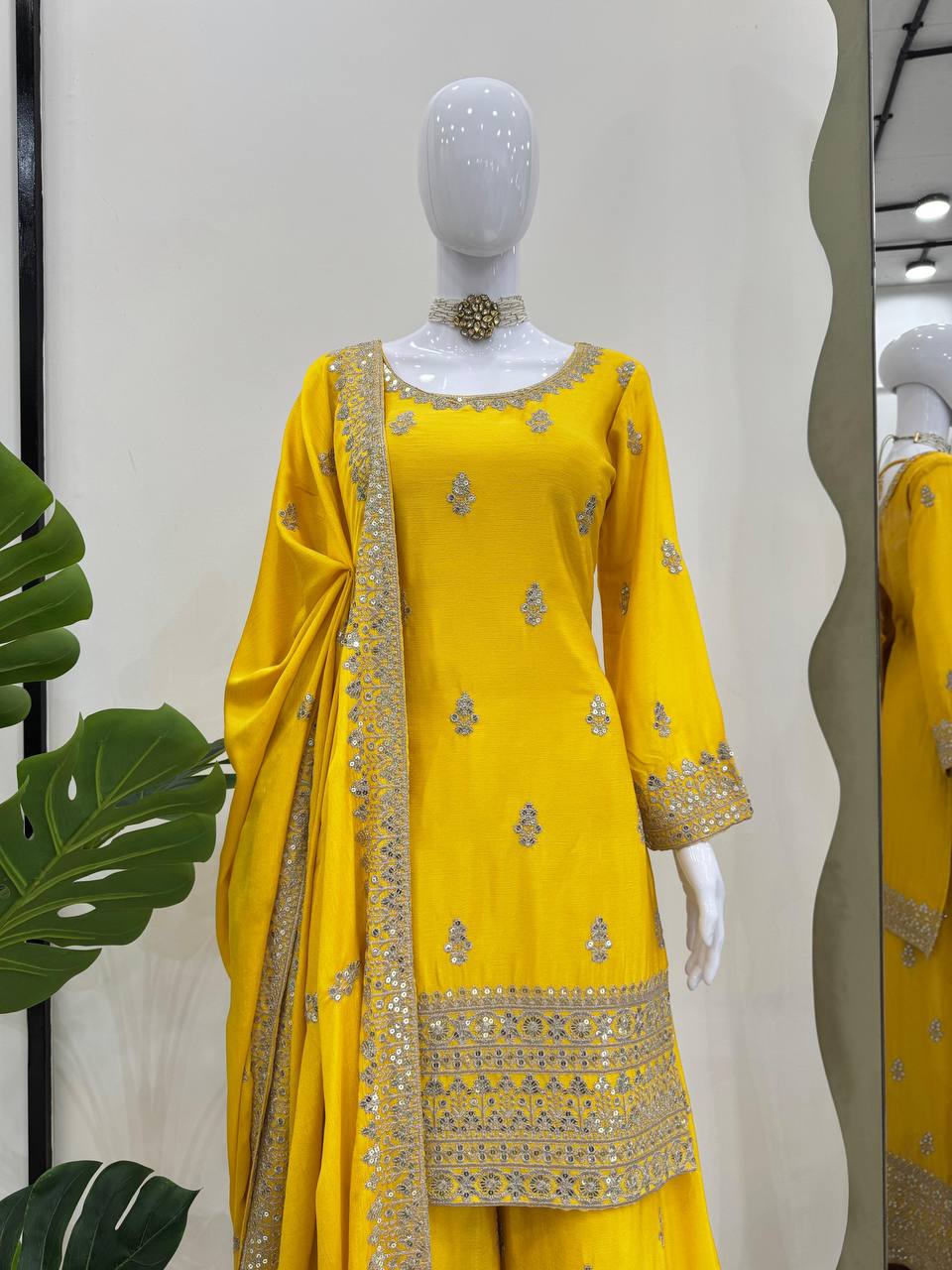 Yellow Elegant Chinon Silk Ensemble – Top, Plazo & Dupatta