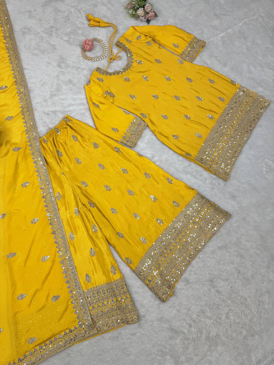 Yellow Elegant Chinon Silk Ensemble – Top, Plazo & Dupatta