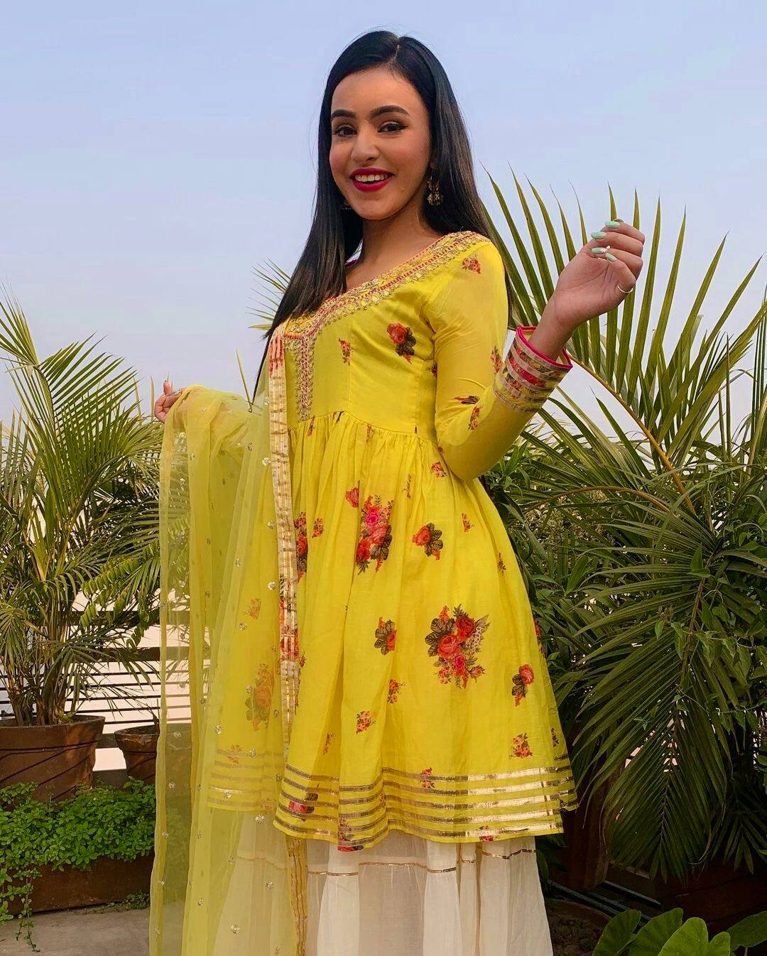 Yellow Elegant Crepe Silk Digital Print Top with Rayon Sharara & Embroidered Net Dupatta