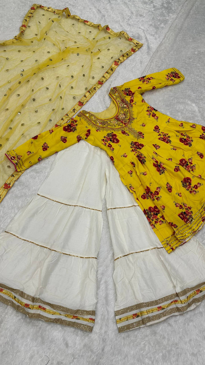 Yellow Elegant Crepe Silk Digital Print Top with Rayon Sharara & Embroidered Net Dupatta
