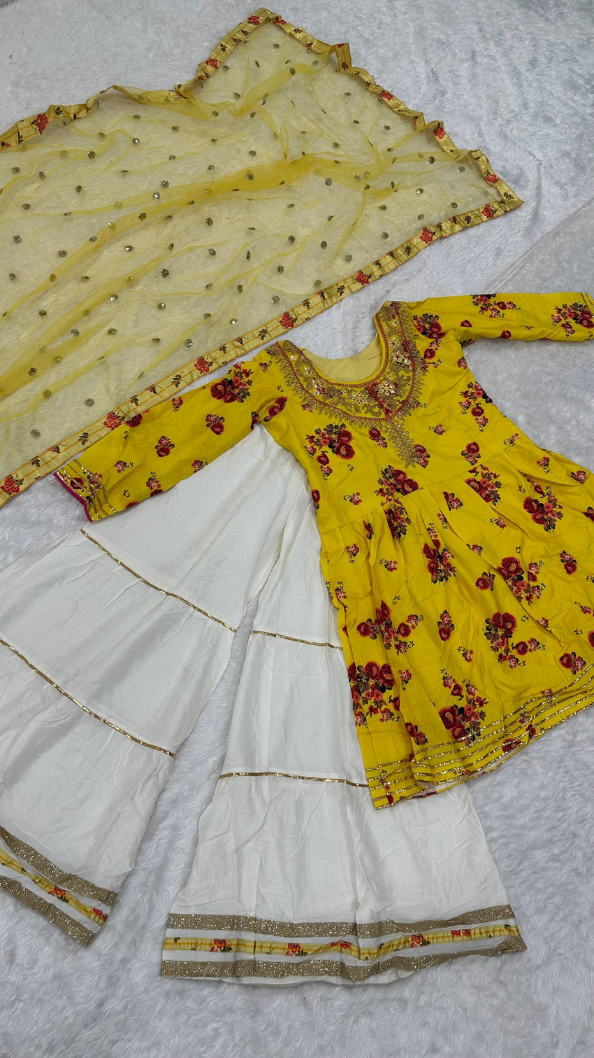 Yellow Elegant Crepe Silk Digital Print Top with Rayon Sharara & Embroidered Net Dupatta