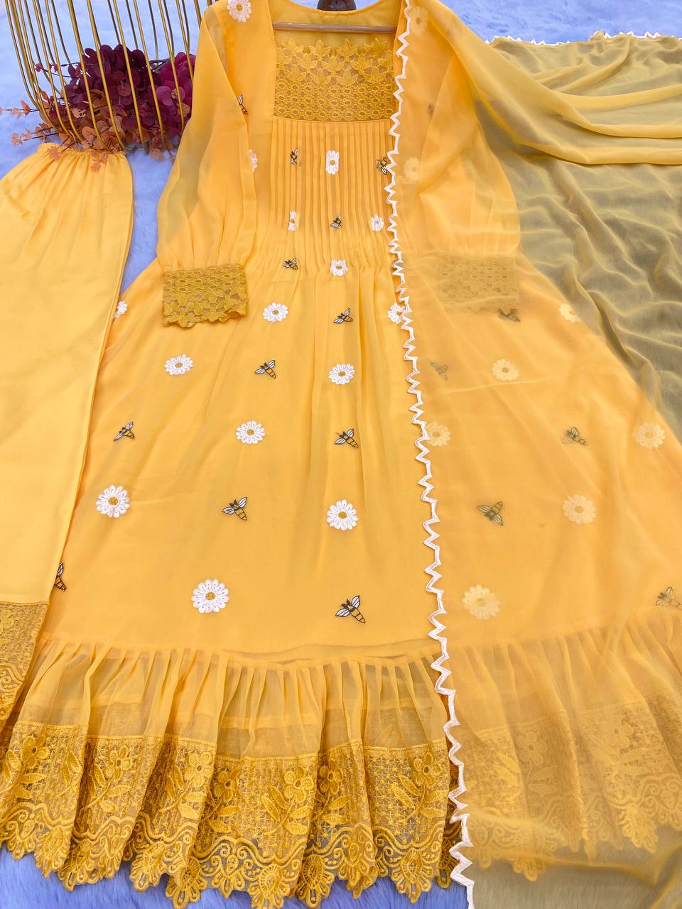 Yellow Elegant Designer Party Wear Gown Set with Palazzo & Dupatta