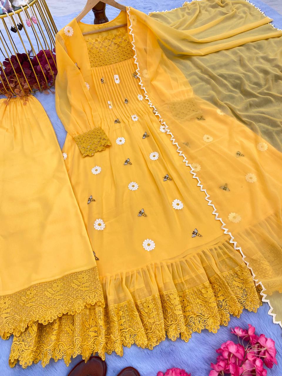 Yellow Elegant Designer Party Wear Gown Set with Palazzo & Dupatta