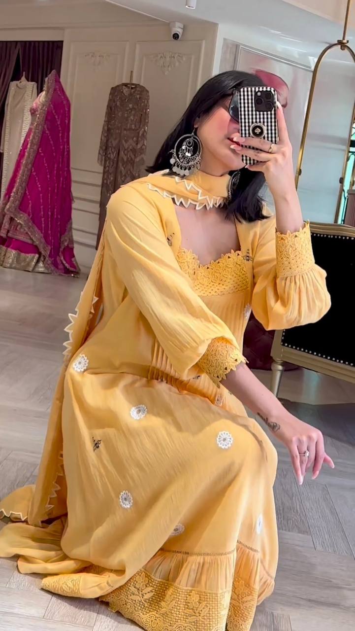 Yellow Elegant Designer Party Wear Gown Set with Palazzo & Dupatta