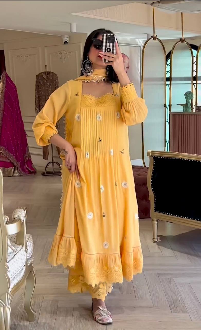Yellow Elegant Designer Party Wear Gown Set with Palazzo & Dupatta