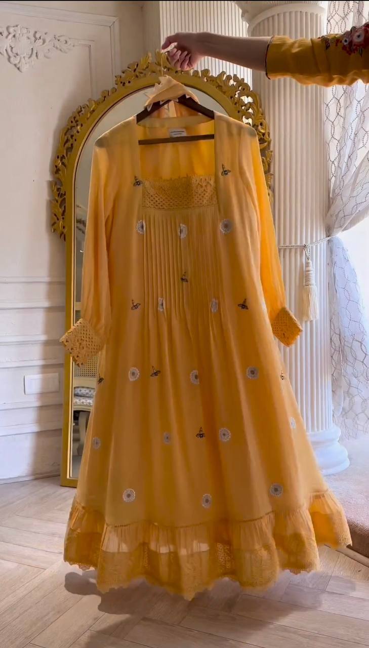 Yellow Elegant Designer Party Wear Gown Set with Palazzo & Dupatta