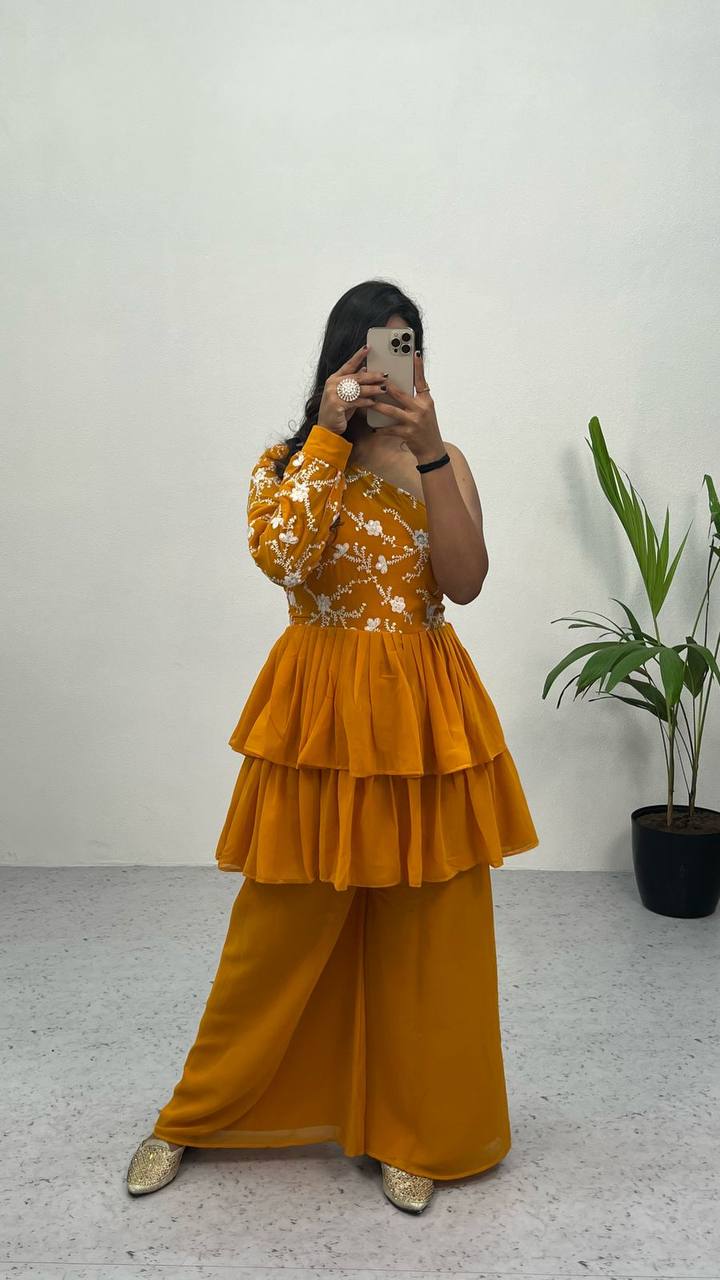 Yellow Elegant Embroidered Georgette Top & Palazzo Set – Chic & Classy!