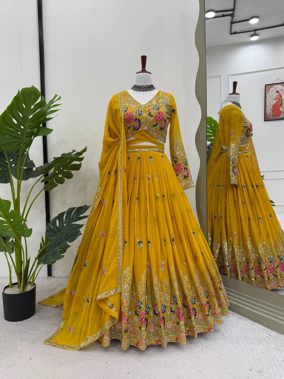 Yellow Elegant Faux Georgette Embroidered Lehenga Choli Set with Dupatta Thread, Sequin & Coding Dori Work Full-Stitched with Cancan Flair