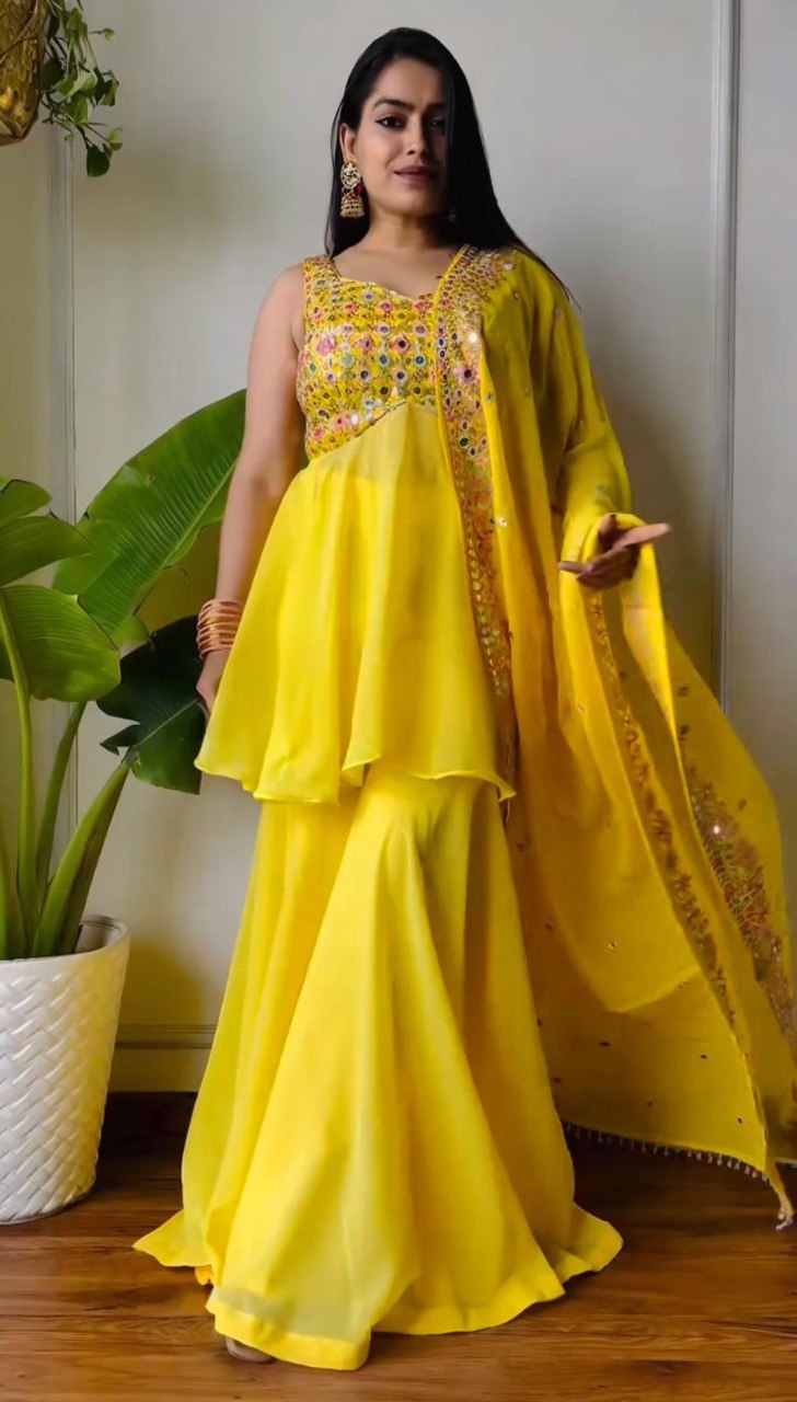 Yellow Elegant Faux Georgette Embroidered Three-Piece Set