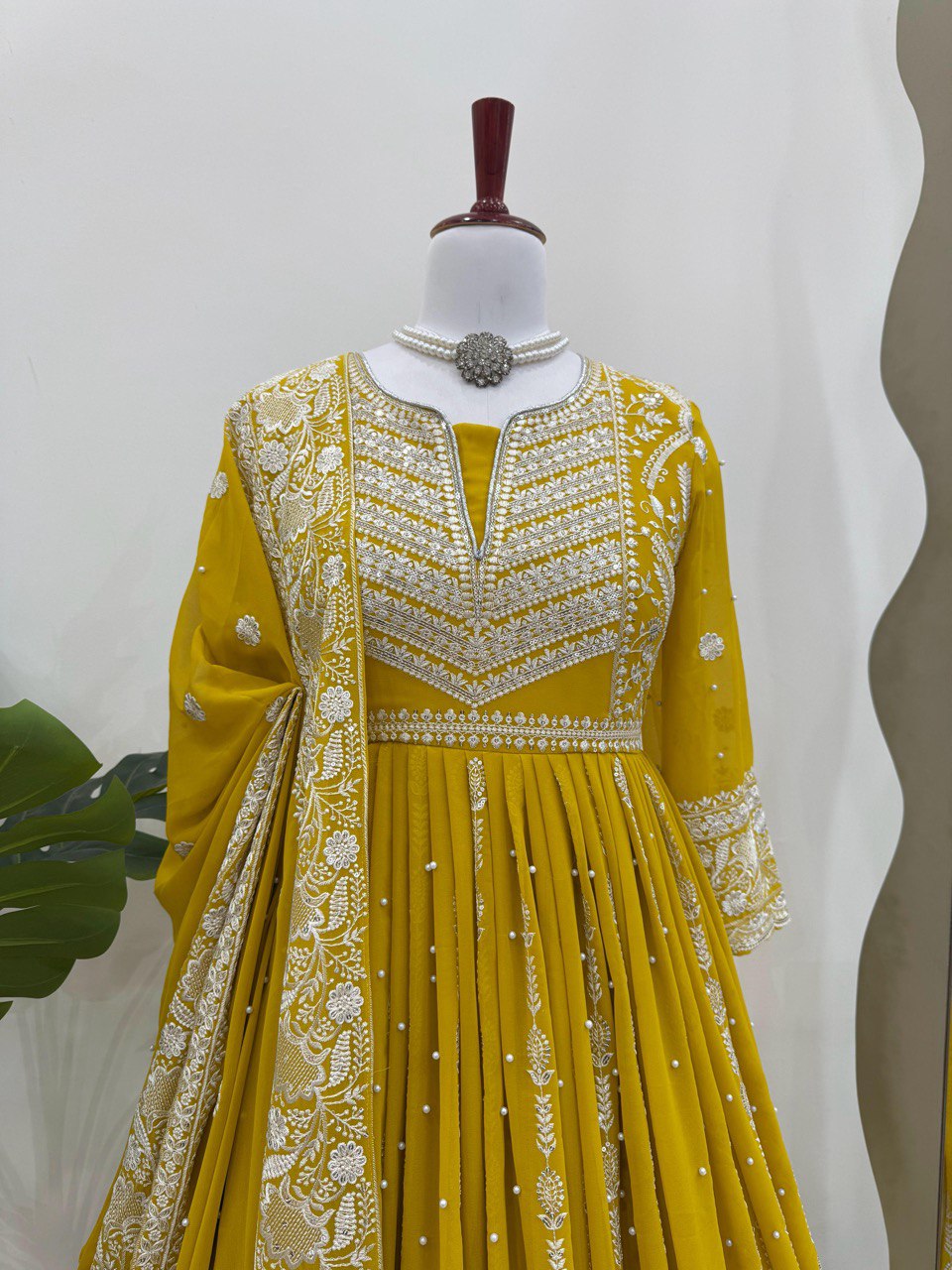 Yellow Elegant Faux Georgette Thread & Sequin Embellished Suit Set with Rivet Moti Detailing