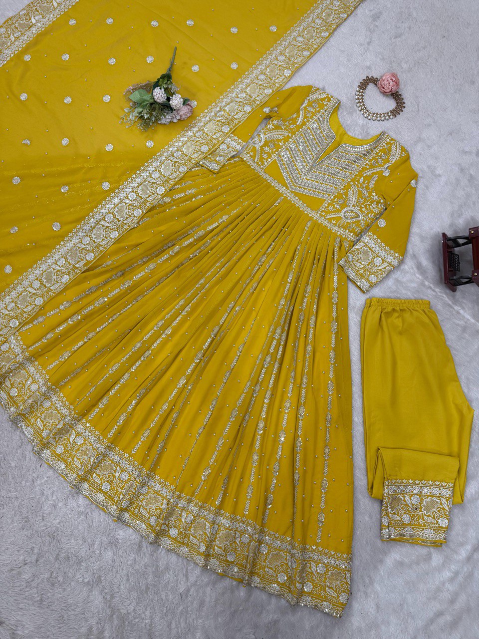 Yellow Elegant Faux Georgette Thread & Sequin Embellished Suit Set with Rivet Moti Detailing
