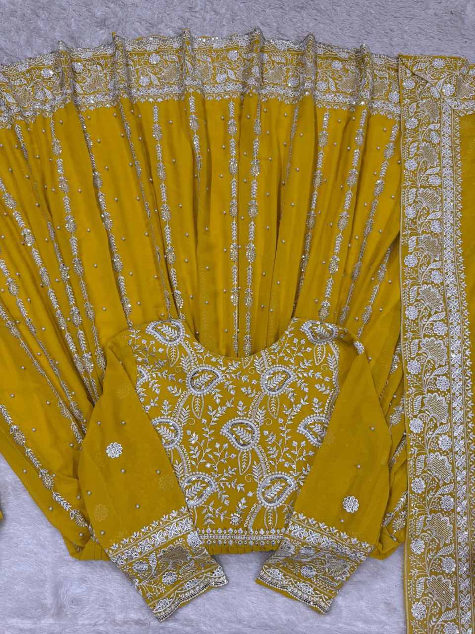 Yellow Elegant Faux Georgette Thread & Sequin Embellished Suit Set with Rivet Moti Detailing