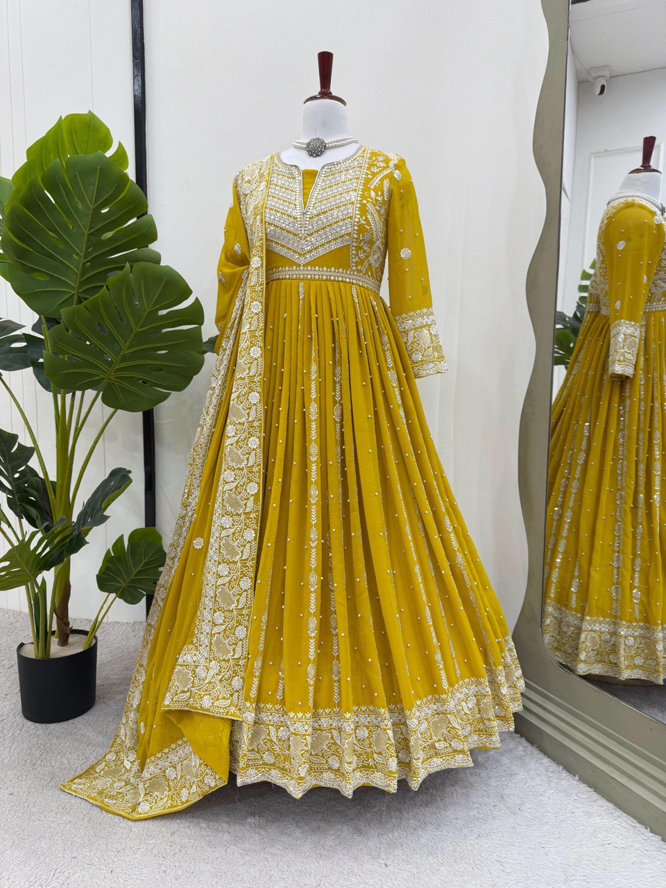 Yellow Elegant Faux Georgette Thread & Sequin Embellished Suit Set with Rivet Moti Detailing