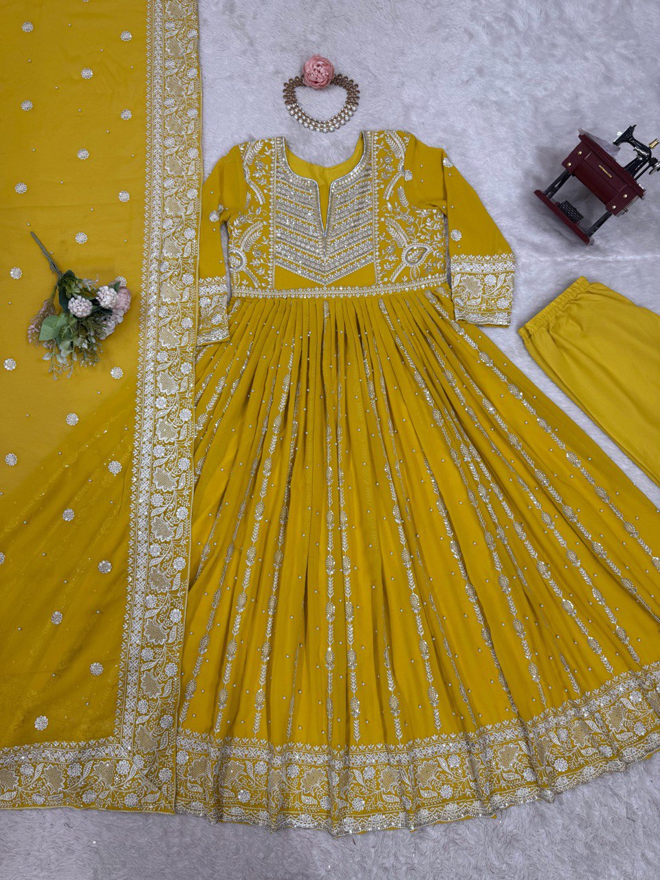 Yellow Elegant Faux Georgette Thread & Sequin Embellished Suit Set with Rivet Moti Detailing