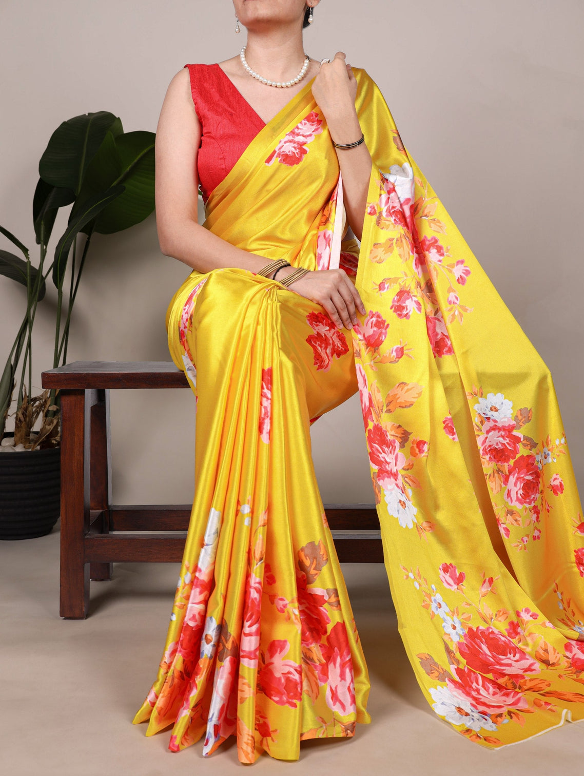 Yellow Elegant Floral Printed Satin Silk Saree with Mono Benglory Blouse Piece