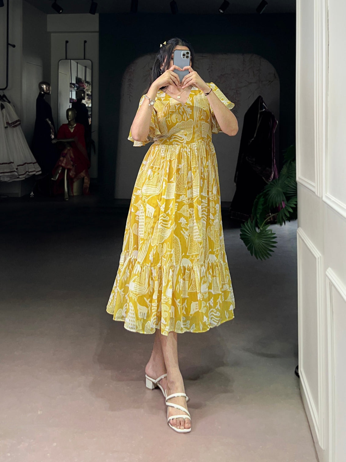 Yellow Elegant Georgette Printed Frock with  Flair & Micro Crepe Lining