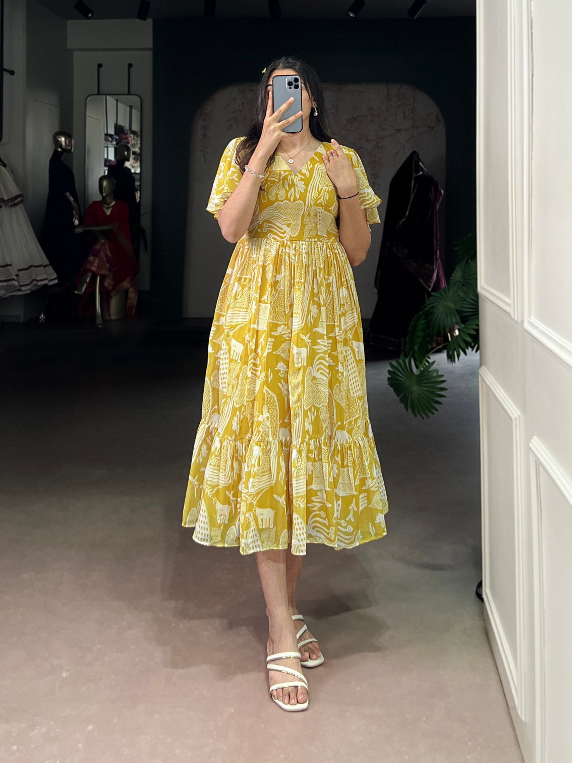Yellow Elegant Georgette Printed Frock with  Flair & Micro Crepe Lining