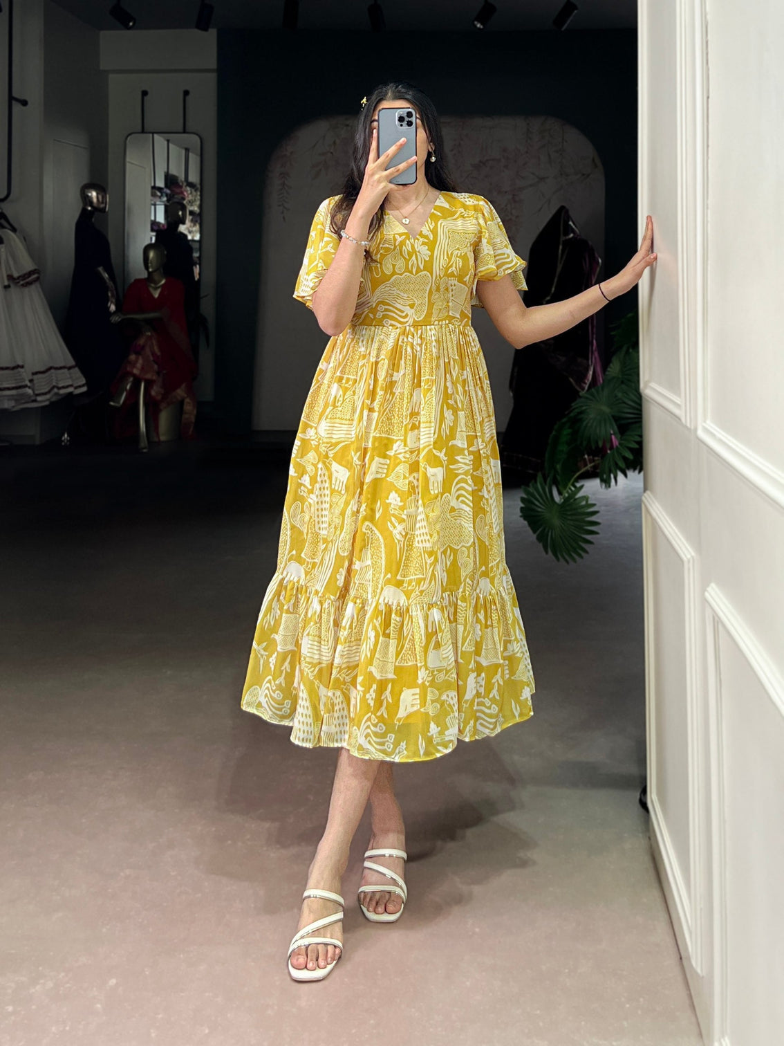 Yellow Elegant Georgette Printed Frock with  Flair & Micro Crepe Lining