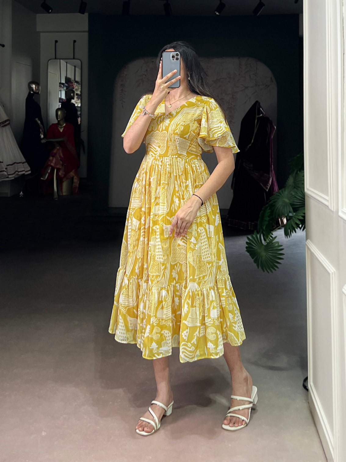 Yellow Elegant Georgette Printed Frock with  Flair & Micro Crepe Lining