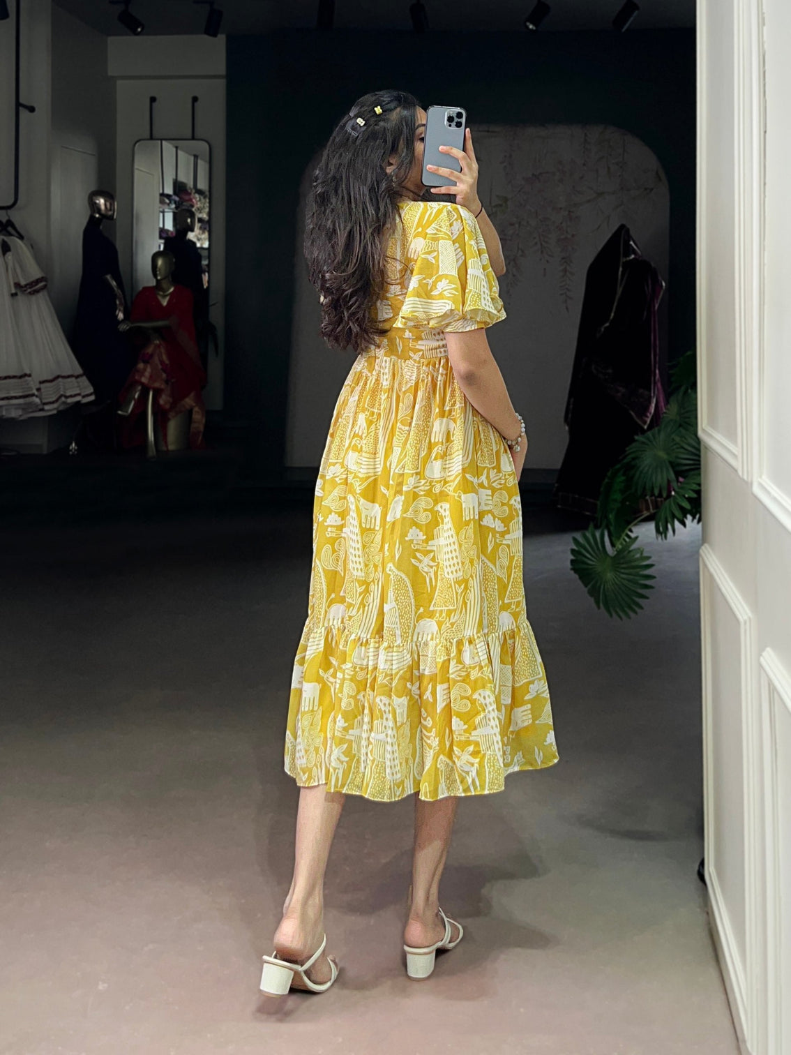 Yellow Elegant Georgette Printed Frock with  Flair & Micro Crepe Lining