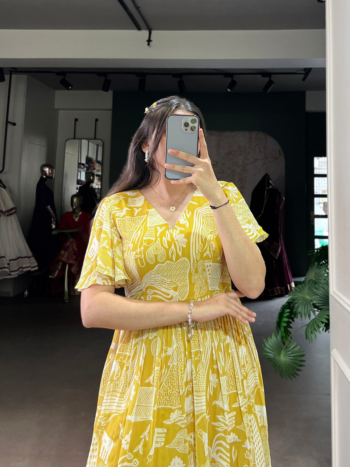 Yellow Elegant Georgette Printed Frock with  Flair & Micro Crepe Lining