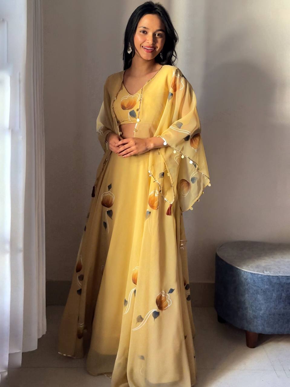 Yellow Elegant Handpainted Georgette Lehenga Set with Designer Jacket & Padded Blouse