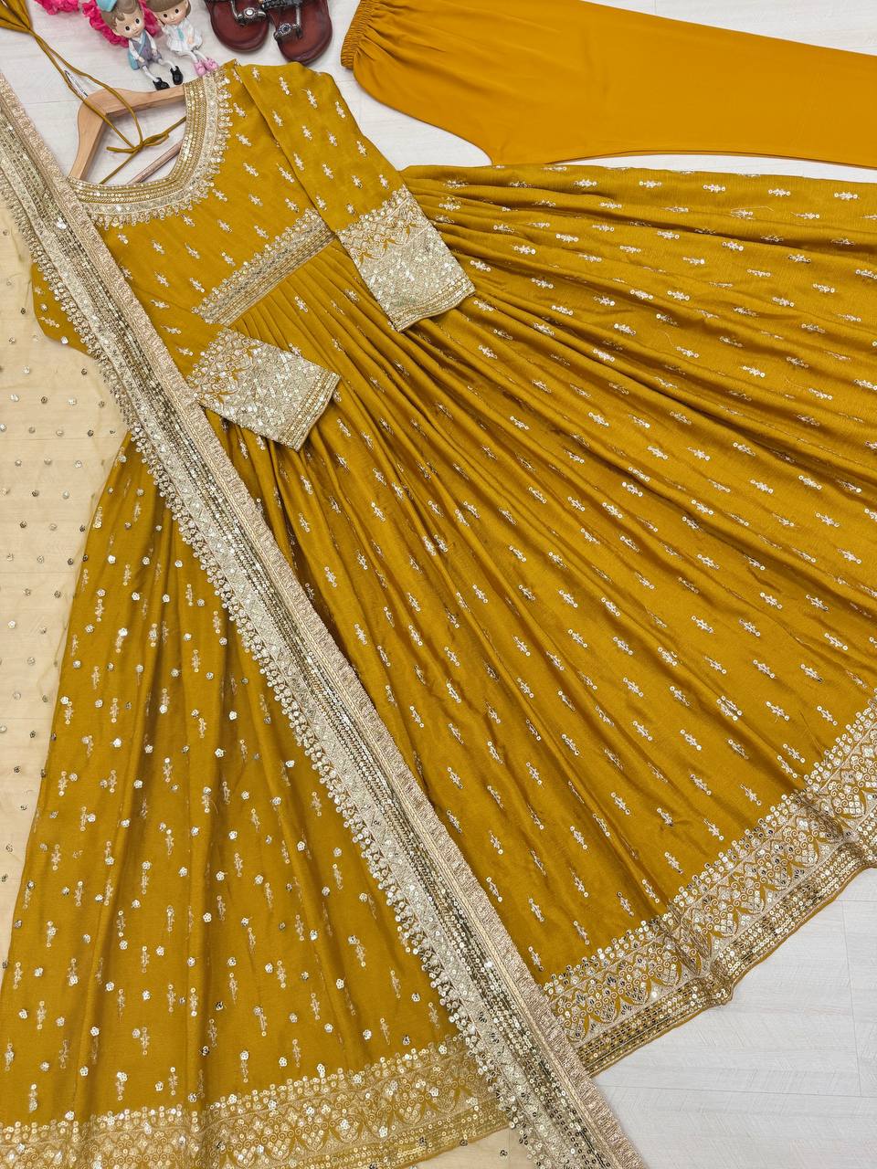 Yellow Elegant Heavy Chinon Silk Embroidered Gown Set with Tassel Sleeves, Bottom & Butterfly Net Dupatta