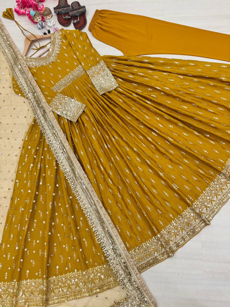 Yellow Elegant Heavy Chinon Silk Embroidered Gown Set with Tassel Sleeves, Bottom & Butterfly Net Dupatta