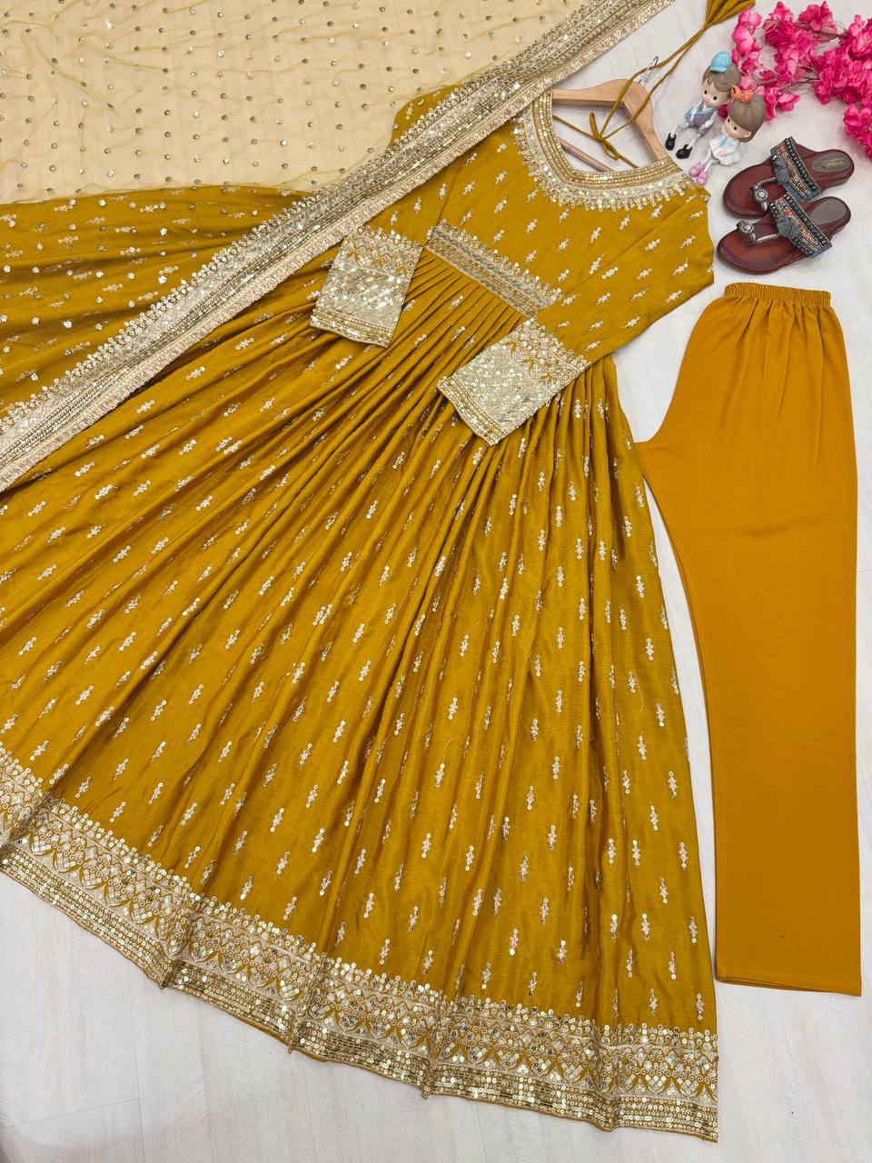 Yellow Elegant Heavy Chinon Silk Embroidered Gown Set with Tassel Sleeves, Bottom & Butterfly Net Dupatta