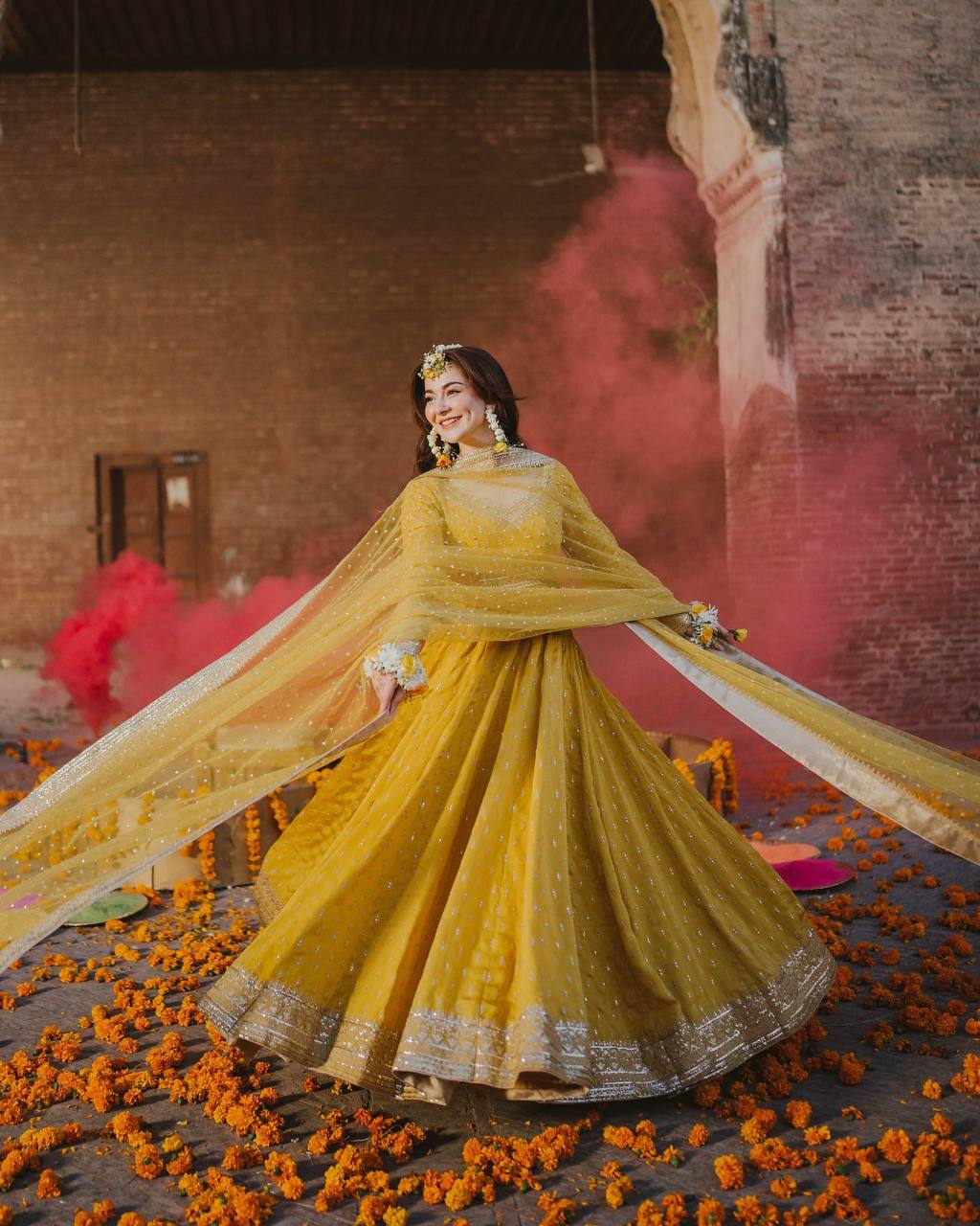 Yellow Elegant Heavy Chinon Silk Embroidered Gown Set with Tassel Sleeves, Bottom & Butterfly Net Dupatta