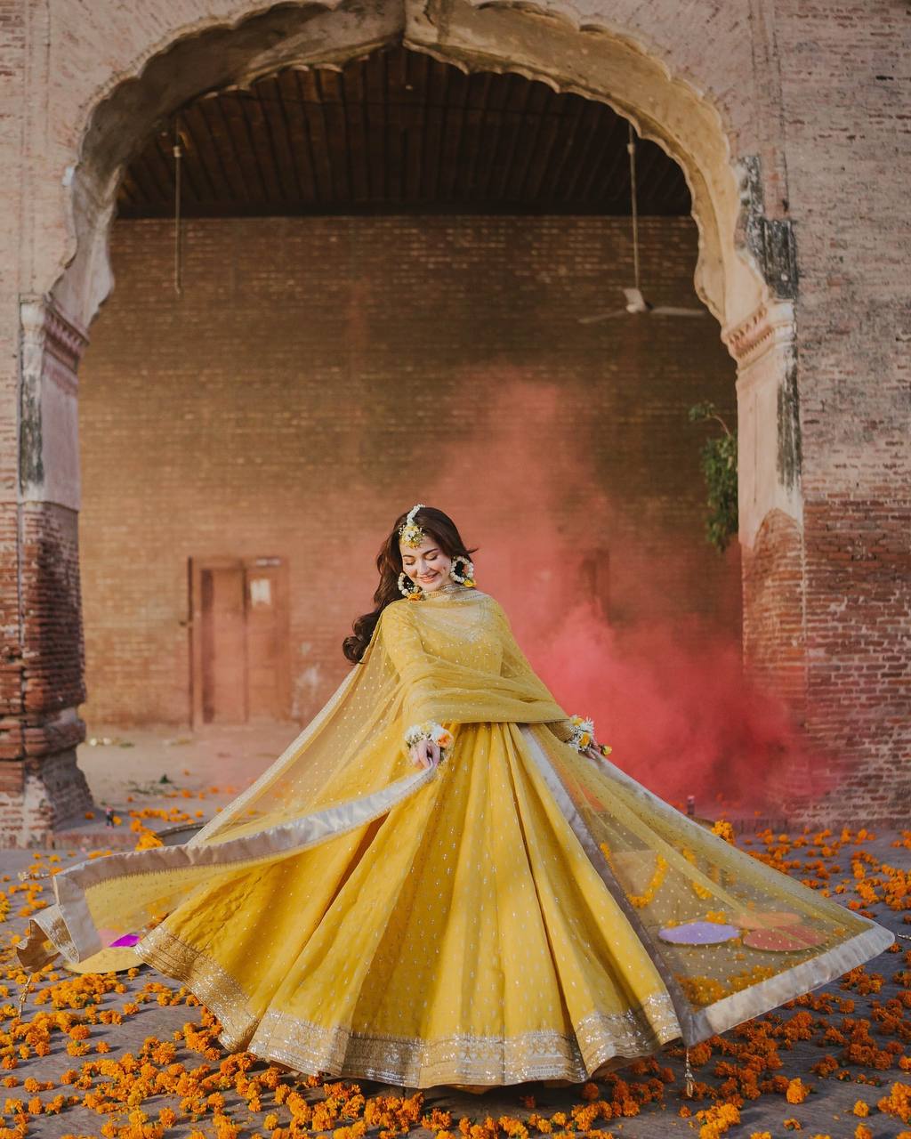 Yellow Elegant Heavy Chinon Silk Embroidered Gown Set with Tassel Sleeves, Bottom & Butterfly Net Dupatta