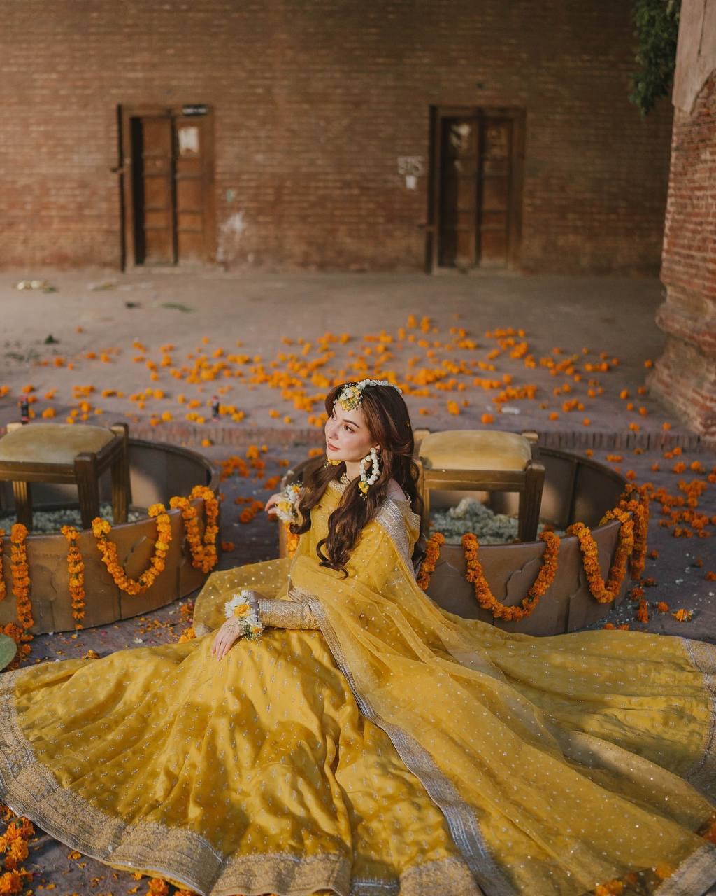 Yellow Elegant Heavy Chinon Silk Embroidered Gown Set with Tassel Sleeves, Bottom & Butterfly Net Dupatta