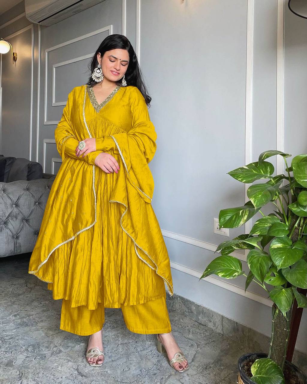 Yellow Elegant Party Wear Alia Cut Anarkali Gown Set with Dupatta & Bottom