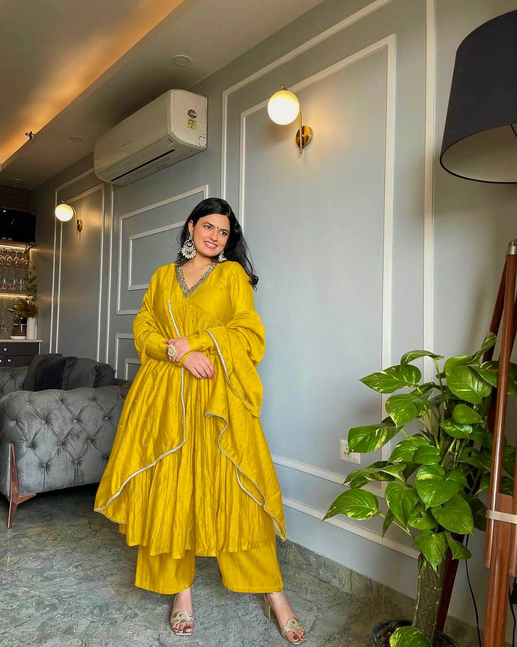 Yellow Elegant Party Wear Alia Cut Anarkali Gown Set with Dupatta & Bottom