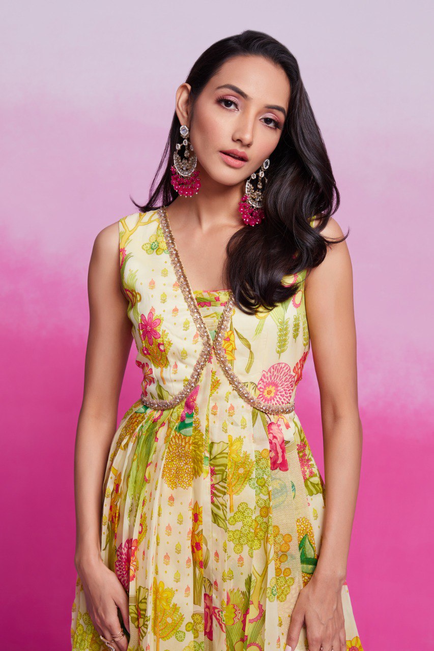 Yellow Elegant Printed Organza Gown with Handwork Detailing Ready To Wear