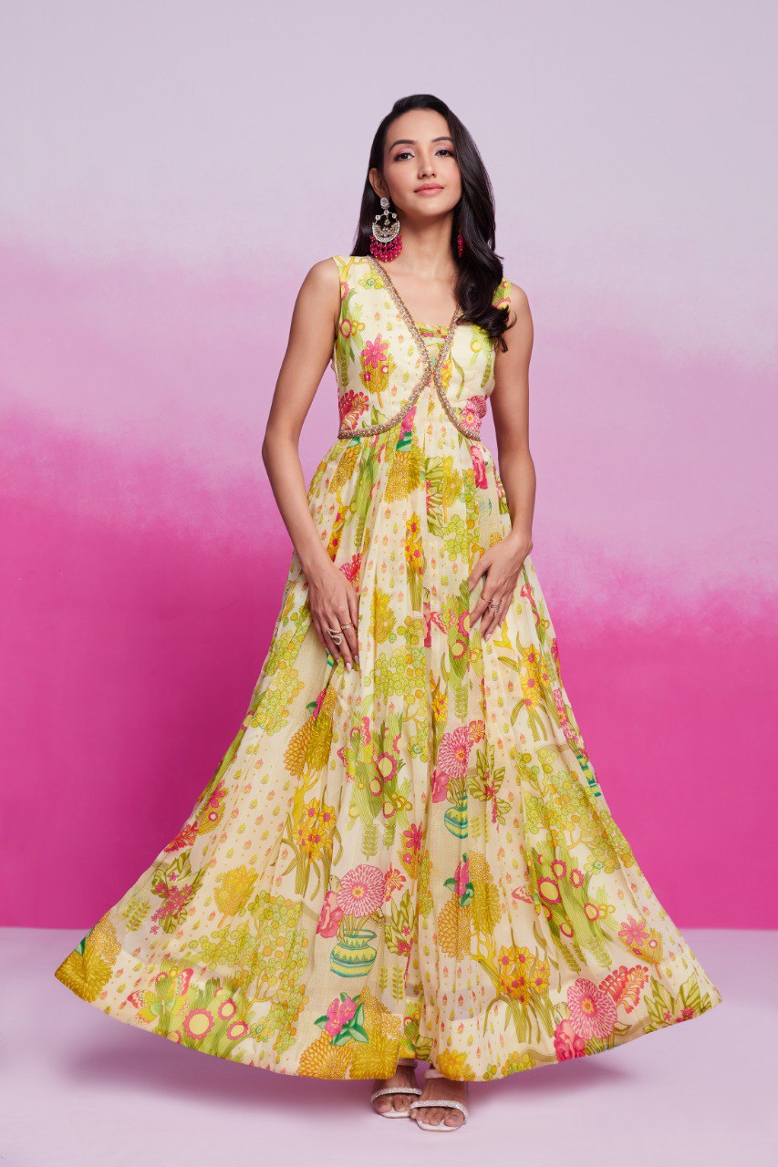 Yellow Elegant Printed Organza Gown with Handwork Detailing Ready To Wear