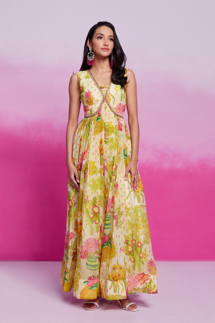 Yellow Elegant Printed Organza Gown with Handwork Detailing Ready To Wear