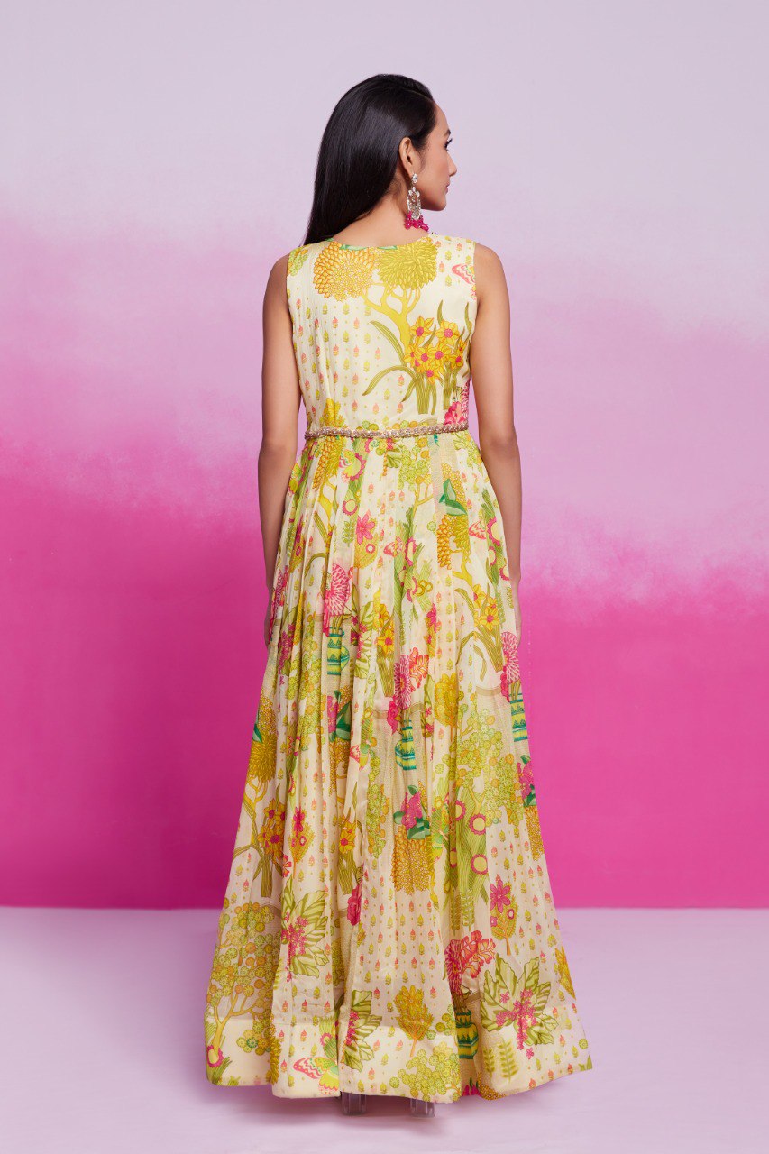 Yellow Elegant Printed Organza Gown with Handwork Detailing Ready To Wear